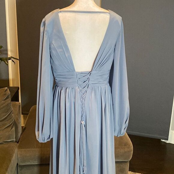 Women’s V-Neck Chiffon Full Length Bridesmaid Dress Corset Back Leg Slit Size 14 - Picture 7 of 13